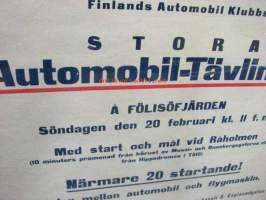 F.A.K. Finlands Automobil Klubbs Stora Automobil-Tävlingar å Fölisöfjärden... -juliste