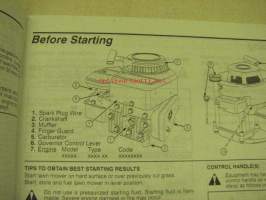 Briggs &amp; Stratton 9B900, 95900, 96900, 98900, 10A900, 10B900 operating and maintenance instructions, drift och underhåll -käyttöohjekirja mm. englanniksi ja