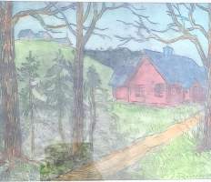 Jalmari Ruokokoski, pihapiiri  värietsaus laattasigneeraus  kehystetty 45x50 cm