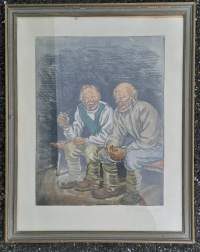 Oki  Räisänen &quot;Ukot juttutuulella&quot; värigrafiikka sign 1929 - kehystetty 49x58 cm