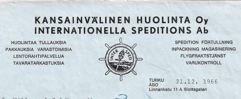 Kansainvälinen Huolinta  Oy Turku 1966 - konosement firmalomake