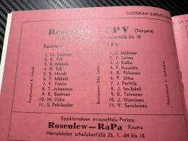 Rosenlewin Urheilijat RU-38, Pori - TPV Tampere 21.6.1964 -Suomensarja (Suomen sarja / Mestaruussarja)  -jalkapallo käsiohjelma