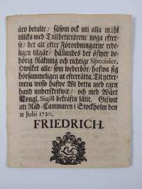 Kongl. Maj:ts Nådige Förordning, Angående Underslef wid stora Siö-Tullen. Dat. Stockholm en 21 Julii 1720