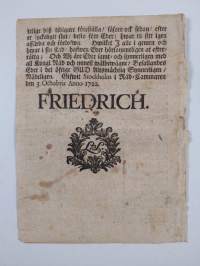 Kongl. maij:tz öpne bref och påbud til samtel. riksens ständer angående riks-dagen til den 16 januari nästkommande 1723. Stockholm 3. october 1722