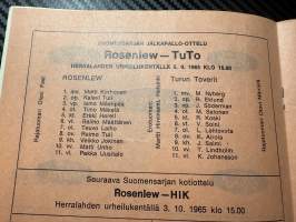 Rosenlewin Urheilijat RU-38, Pori - TuTo Turku 5.9.1965 -Suomensarja (Suomen sarja / Mestaruussarja)  -jalkapallo käsiohjelma