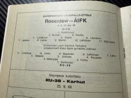 Rosenlewin Urheilijat RU-38, Pori - ÅIFK Turku 4.9.1966 -Suomensarja (Suomen sarja / Mestaruussarja)  -jalkapallo käsiohjelma