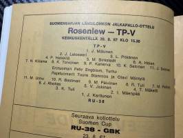 Rosenlewin Urheilijat RU-38, Pori - TP-V Tampere 20.8.1967 -Suomensarja (Suomen sarja / Mestaruussarja)  -jalkapallo käsiohjelma
