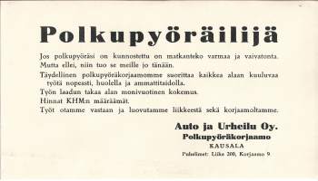 Polkupyöräilijä ... / Auto ja Urheilu Oy Polkupyöräkorjaamo Kausala - mainos pahvia 15x27 cm