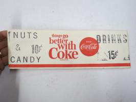 Coca-Cola - Things go better with Coke - Nuts &amp; Candy 10 c - Drinks 15 c -myyjän kertakäyttösuikka &quot;Paperlynen&quot; 1966