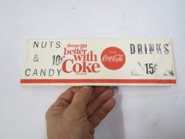 Coca-Cola - Things go better with Coke - Nuts &amp; Candy 10 c - Drinks 15 c -myyjän kertakäyttösuikka &quot;Paperlynen&quot; 1966