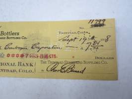 Coca-Cola - The Trinidad Standard Bottling Company -shekki, osoitettu &quot;to The First National Bank Trinidad, Colorado&quot;, 1938