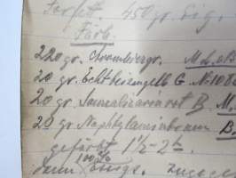 Ins. Kem. W.L. kemian alan saksalaisen insinöörin muistikirja nahanvärjäyksestä ja aineista, ollut 1920 ja 30-luvuilla töissä Hämeenlinna ja Uusikaupunki...