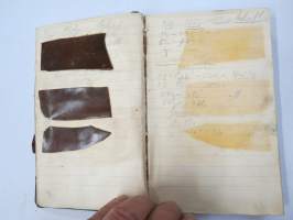 Ins. Kem. W.L. kemian alan saksalaisen insinöörin muistikirja nahanvärjäyksestä ja aineista, ollut 1920 ja 30-luvuilla töissä Hämeenlinna ja Uusikaupunki...