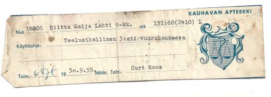Kauhavan Apteekki  Kauhava  resepti  signatuuri  1955
