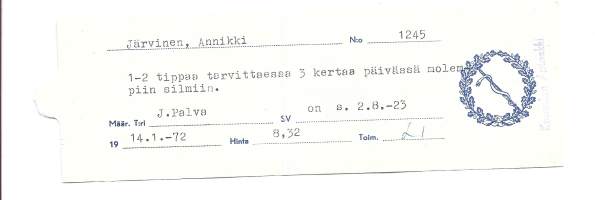 Kausalan Apteekki    , resepti  signatuuri   1972