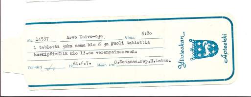 Ylivieskan  Apteekki    , resepti  signatuuri   1964
