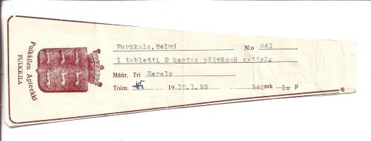 Pulkkilan  Apteekki    , resepti  signatuuri   1955