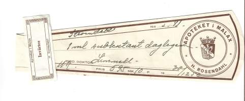 Apoteket i Malax   H Rosendahl Apteekki    , resepti  signatuuri   1952