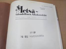 Metsätaloudellinen Aikakauslehti 1959 -sidottu vuosikerta -sisältää runsaasti artikkeleita / kuvia / mainoksia metsätalouden koneista ja laitteista