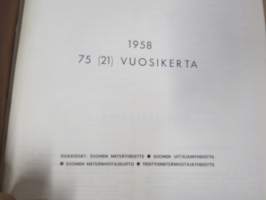 Metsätaloudellinen Aikakauslehti 1958 -sidottu vuosikerta -sisältää runsaasti artikkeleita / kuvia / mainoksia metsätalouden koneista ja laitteista