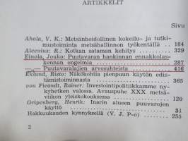 Metsätaloudellinen Aikakauslehti 1958 -sidottu vuosikerta -sisältää runsaasti artikkeleita / kuvia / mainoksia metsätalouden koneista ja laitteista