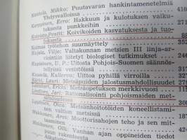 Metsätaloudellinen Aikakauslehti 1958 -sidottu vuosikerta -sisältää runsaasti artikkeleita / kuvia / mainoksia metsätalouden koneista ja laitteista