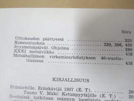 Metsätaloudellinen Aikakauslehti 1958 -sidottu vuosikerta -sisältää runsaasti artikkeleita / kuvia / mainoksia metsätalouden koneista ja laitteista