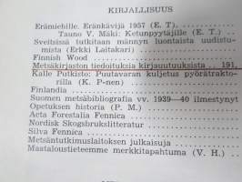 Metsätaloudellinen Aikakauslehti 1958 -sidottu vuosikerta -sisältää runsaasti artikkeleita / kuvia / mainoksia metsätalouden koneista ja laitteista