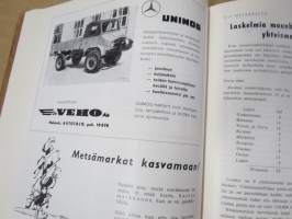 Metsätaloudellinen Aikakauslehti 1958 -sidottu vuosikerta -sisältää runsaasti artikkeleita / kuvia / mainoksia metsätalouden koneista ja laitteista