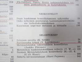 Metsätaloudellinen Aikakauslehti 1957 -sidottu vuosikerta -sisältää runsaasti artikkeleita / kuvia / mainoksia metsätalouden koneista ja laitteista
