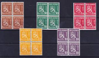 Leijonamalli nelilöt - Postituore** . 25p, 50p, 1,20mk, 1,25 mk ja 10mk ruskea.  LAPE 146, 178, 151, 177 ja 380.