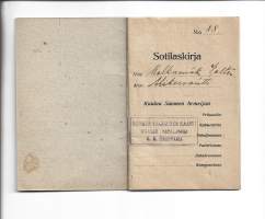 Sotilaskirja - kuuluu Suomen armeijan / Suomen Valkoinen Kaarti , Waasan Pataljoona K. K. Komppania 1921