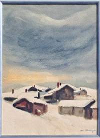 Mikael Stanowsky, &quot;Talot talven sylissä&quot; sign akvarelli -21 kehystetty 56x43 cm