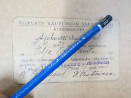 Viipurin Kaupungin Sähkölaitos - Raitiotie-osasto (Viipurin Raitiotiet) - Ajokortti nr 14, 15.4.1923 suoritettu ajokoe, Viljo Varjoranta / todistetaan 17.11.1943