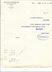 Wilho Kordelinin Kangaskauppa Wiipuri 1931 -  firmalomake