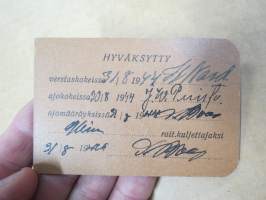 Turun Kaupungin Raitiotiet - Ajokortti - Viljo Varjoranta, 26.7.1944, verstas- ajo- ja ajomääryskokeet suoritettu, otettu ylim. kuljettajaksi 3.8.1944