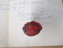 Maanviljeijä Oskar Lammi sairastaa... keuhkotautia ollen sen vuoksi kykenemätön... Helsinki 21.5.1918 - Hannes Ryömä, lääketiet. lis. allekirjoitus + sinetti