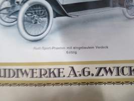 Audi  Sport-Zweisitzer, Sport-Phaeton, Limousine 191? -myyntiesite, esitteessä mainitaan saavutuksina vv. 1911-14 kilpailujen voittoja, joten 10-lukua?