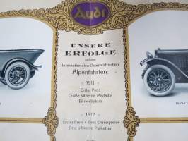 Audi  Sport-Zweisitzer, Sport-Phaeton, Limousine 191? -myyntiesite, esitteessä mainitaan saavutuksina vv. 1911-14 kilpailujen voittoja, joten 10-lukua?
