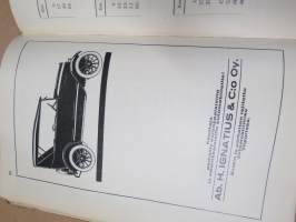 Suomen Automobiili Klubi - Suomen yleisemmin käytettyjen maanteiden välimatka-luettelo 1923, sisältää runsaasti mainoksia, klubin säännöt, Fiatin sponsoroima