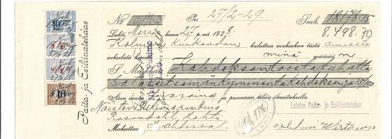 Paita- ja esiliinatehdas Lahti 1929 Tampereen-Osake-Pankki vekseli