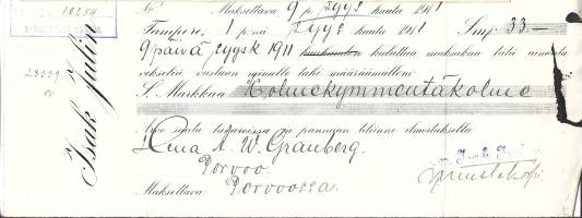 Isak Julin Tampere 1911 Pohjoismaisen Osakepankki Kauppa ja Teollisuutta varten   vekseli