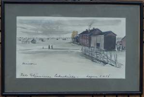 Aarno Karimo, &quot;Talo Pohjanmaa lakeksilla&quot; sign Lapua  2.10.28 akvarelli kehystetty 22x34 cm