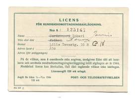 Licens för rundradiomottagninsanläggning - Radiolupa 1944