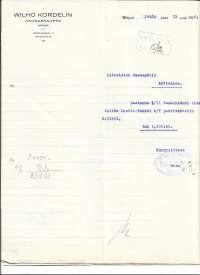 Wilho Kordelinin Kangaskauppa Wiipuri 1926 -  firmalomake