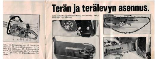 Jonseresin moottorisahan ohjekirja. 11 sivua ojeineen ja eri osien kuvineen.
