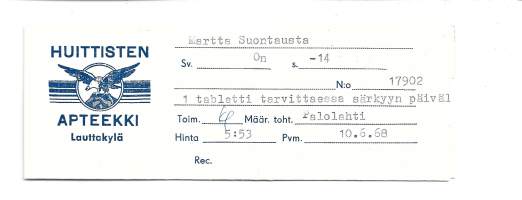 Huittisten Apteekki Lauttakylä -  resepti signatuuri 1968