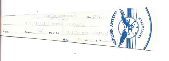 Huittisten Apteekki Lauttakylä -  resepti signatuuri 1967