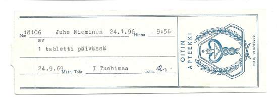 Oitin  Apteekki -  resepti signatuuri 1969