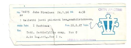 Oitin  Apteekki Oitti-  resepti signatuuri 1967